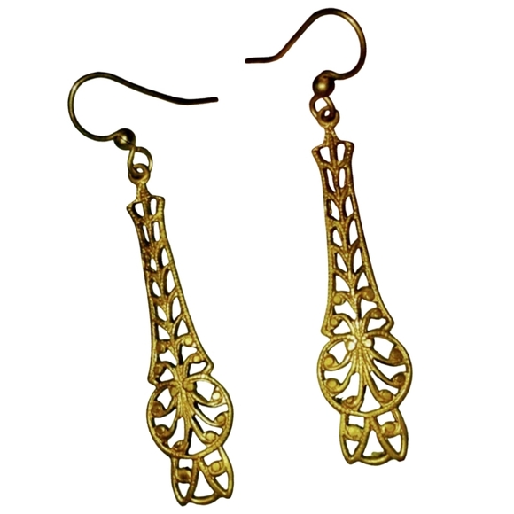 Brass Filigree Handmade Earrings Vintage Repro Gold Art Deco Nouveau Charm KATTA - Picture 1 of 6